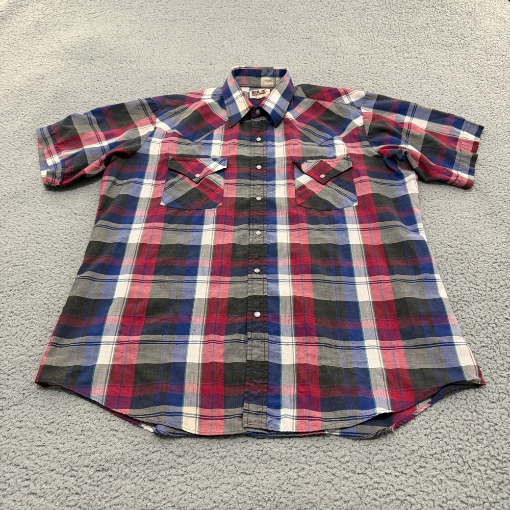 Ely Cattleman Western Shirt Mens Large Red Blue Plaid Short Sleeve Pearl Snap